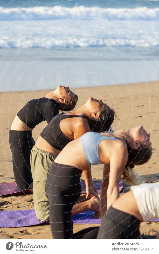 Entspanntes Yoga am Strand mit Rückbeugen für Praktizierende Wellness Harmonie Natur Backend Praktiker Klasse Sitzung Pose Körperhaltung Übung Fitness