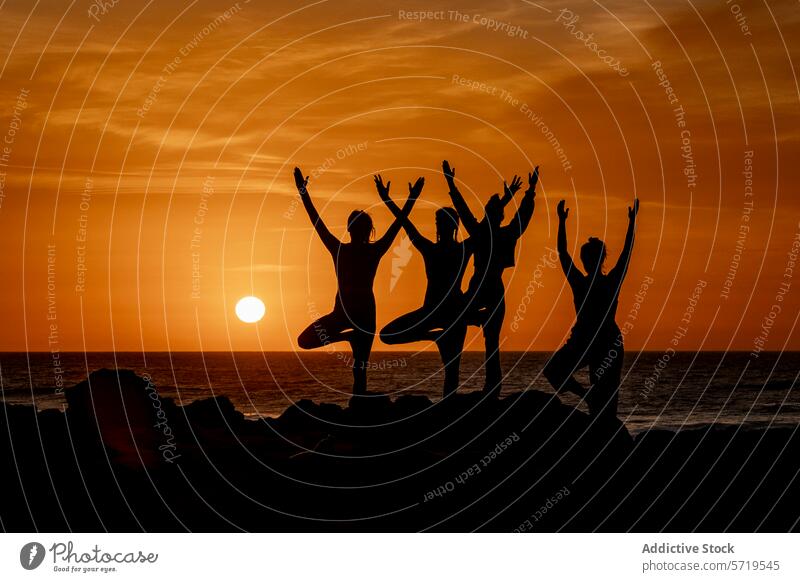 Silhouette Frauen in Yoga-Posen am Strand Sonnenuntergang Klasse Menschengruppe Gelassenheit Übung Fitness Wellness Meditation Frieden Windstille Gleichgewicht