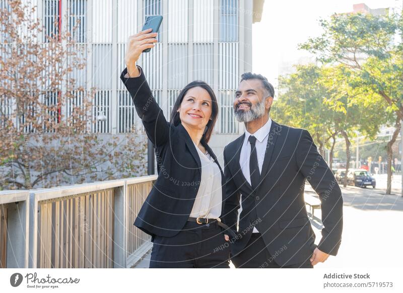 Kollegen machen ein Selfie außerhalb des Büros Business Smartphone sonnig Tag im Freien Gebäude professionell Mann Frau posierend korporativ Kleidung