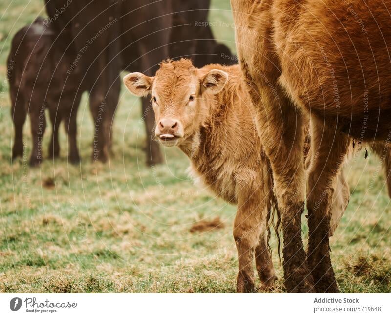 Junges braunes Kalb steht im Feld mit Rindern Wade Kuh Herde Weide grün Bauernhof jung Tier Viehbestand Ackerbau ländlich bovin Säugetier neugierig Natur