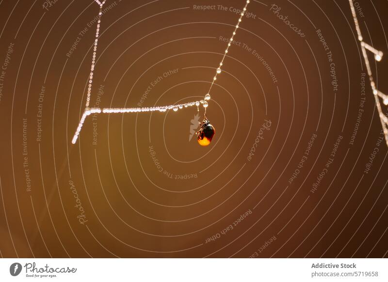 Marienkäfer auf taufeuchtem Spinnennetz in sanftem Licht Tau Natur Insekt Spinnentier Tröpfchen Nahaufnahme Makro Tierwelt brauner Hintergrund filigran