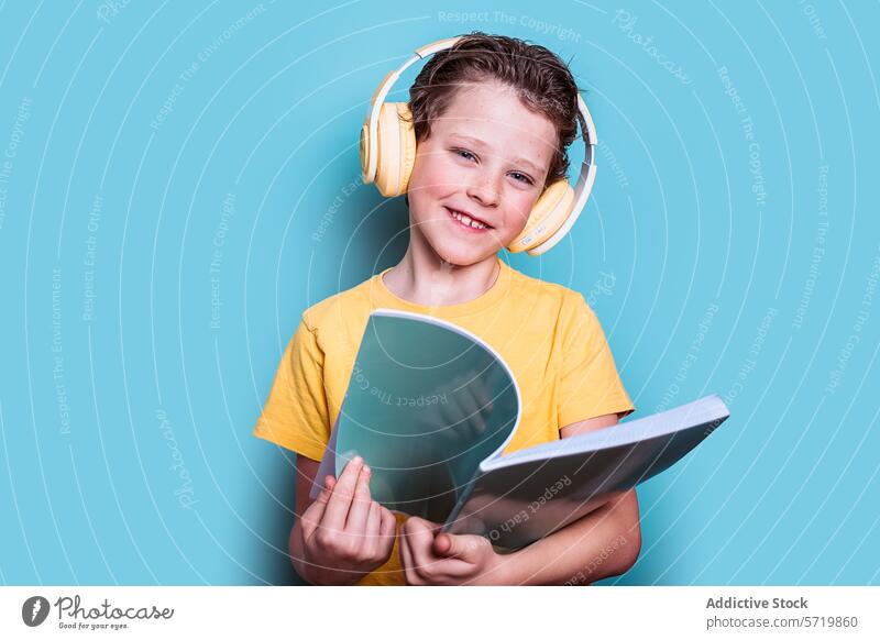 Ein charmanter Junge in einem gelben Hemd und mit Kopfhörern liest ein Buch und präsentiert eine Mischung aus Bildung und Technologie lesen