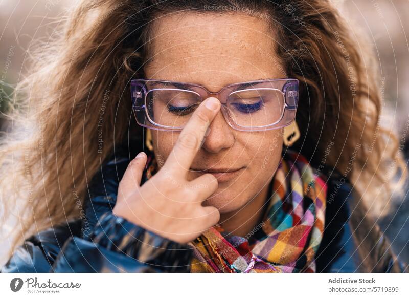 Intimes Porträt einer in Gedanken versunkenen Frau, die eine Hand mit vier Fingern gegen ihre Brille drückt, mit geschlossenen Augen und heiterem Ausdruck
