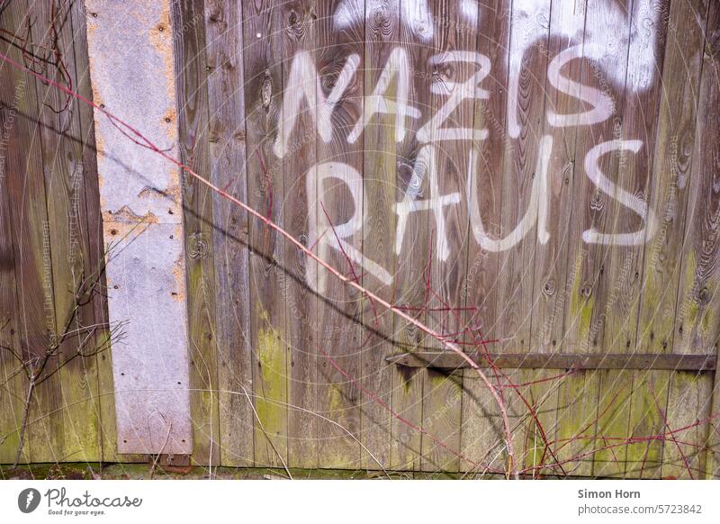 Nazis raus Schriftzug Demokratie nie wieder Holztür gesprüht Politik & Staat Graffiti protestieren Antifaschismus Zeichen Protest Gesellschaft (Soziologie)