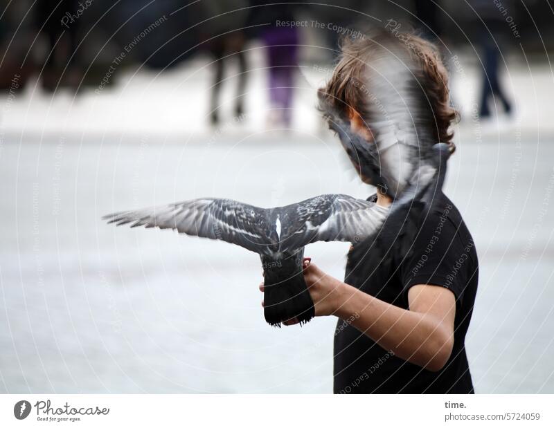 Junge mit Tauben Vögel Vogelfutter halten anlocken füttern flattern langhaarig Platz urban City tierlieb Unschärfe Bewegung Dynamik