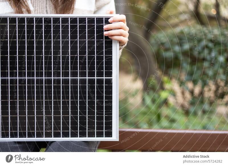 Person hält ein kleines Solarpanel im Freien Sonnenkollektor Beteiligung Alternative Energie Ökostrom nachhaltig Mini Technik & Technologie