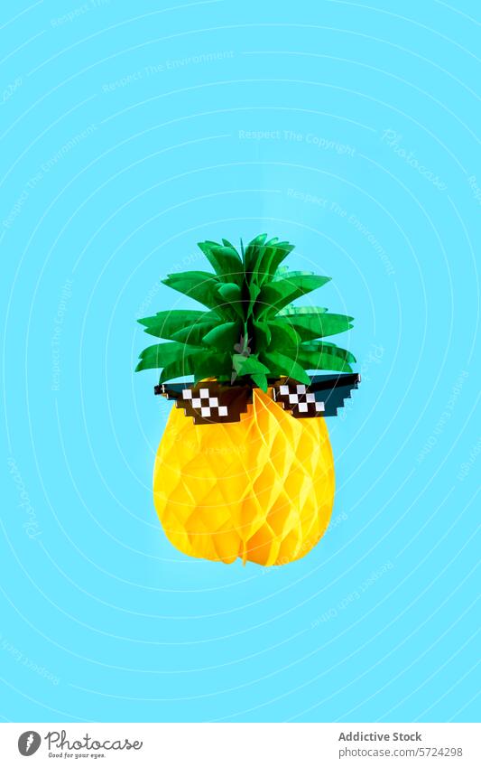 Fun Pineapple mit Sonnenbrille auf blauem Hintergrund Ananas Frucht tropisch schrullig Spaß pulsierend Sommer verpixelt cool farbenfroh Mode Accessoire