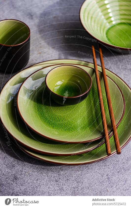 Elegantes grünes Keramikgeschirrset mit Holzstäbchen von oben Tabelleneinstellung Teller Schalen & Schüsseln hölzern Essstäbchen hell Essgeschirr Textur grau