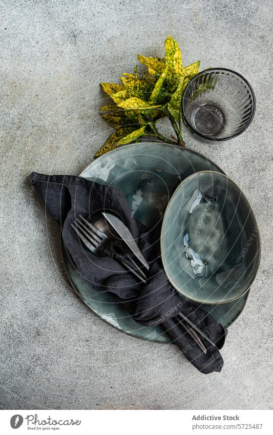 Elegant gedeckter Tisch in der Draufsicht mit Keramikgeschirr von oben Tabelleneinstellung Teller Abendessen Besteck Gabel Messer Textil Serviette Glas Pflanze