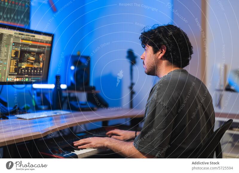 Musikproduzent, der in einem modernen Tonstudio arbeitet Produzent Atelier Klang Bearbeitung Audio Bahn digital Arbeitsplatz Midi Keyboard Heimstudio Mann
