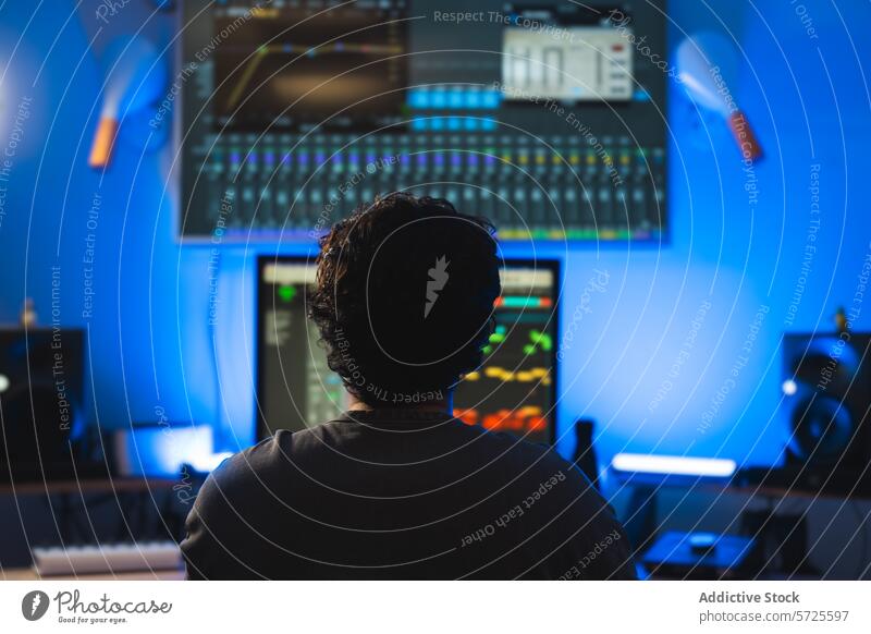 Musikproduzent, der in einem modernen Tonstudio arbeitet Produzent Klang Atelier Aufnahme Sitzung Audio Gerät blau Ambiente Beleuchtung Silhouette Bildschirm