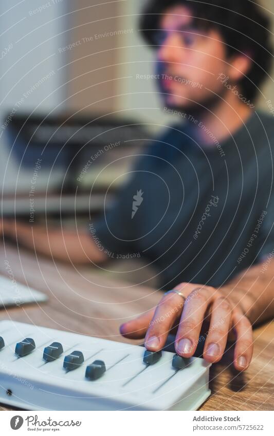 Musikproduzent beim Einstellen des Tonmischers im Studio Produzent Audio Mixer Atelier Klang Sitzung professionell Arbeit Einstellung Feinabstimmung
