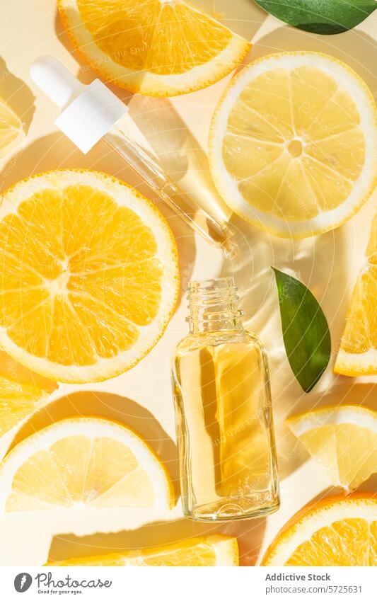 Flasche mit ätherischen Zitrusölen mit frischen Orangen- und Zitronenscheiben Zitrusfrüchte ätherisches Öl orange Scheibe Tropfer Aromatherapie natürlich