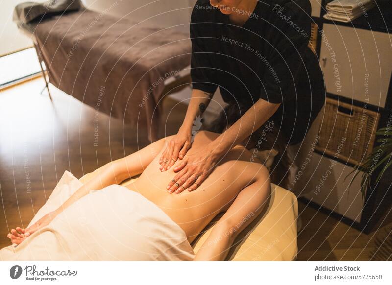 Therapeutin bei einer entspannenden Rückenmassage in einem ruhigen Spa Massage Erholung Klient berühren Wellness Therapie Körper Pflege Gesundheit professionell