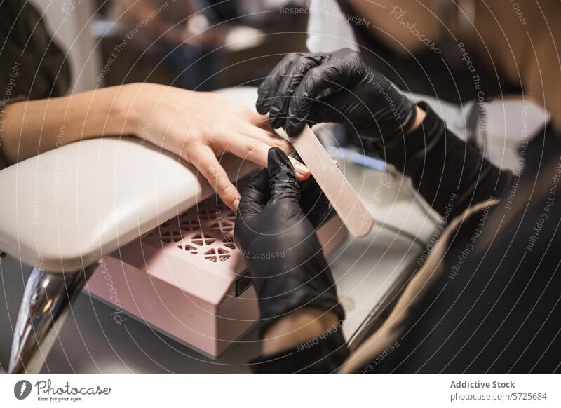 Professionelle Maniküre, die die Nägel in einem Salon in Form bringt Formgebung nageln Einreichung Klient Präzision Pflege Sitzung Handschuh schwarz
