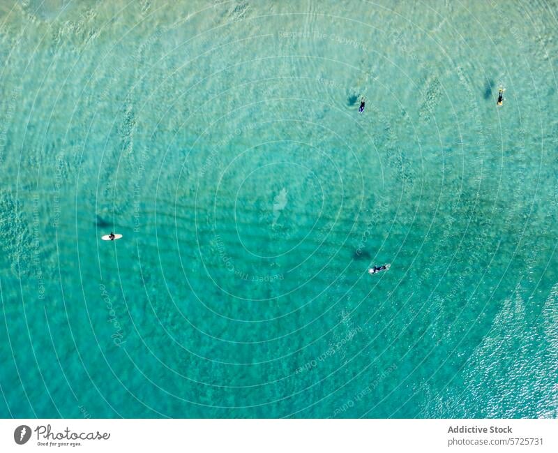 Aus der Vogelperspektive sieht man Surfer auf ihren Brettern, die über das seichte, kristallklare türkisfarbene Wasser in Ufernähe verstreut sind. Antenne