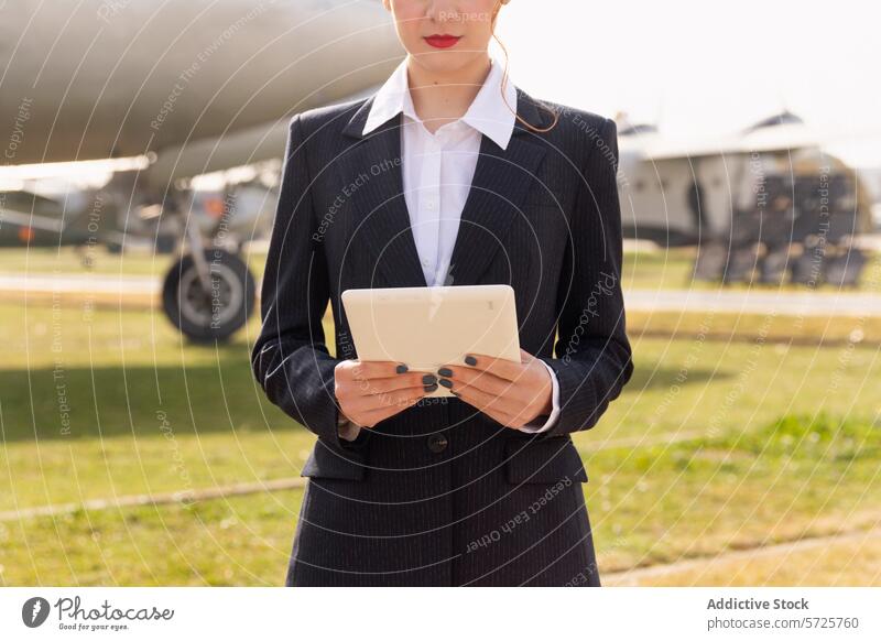 Anonyme Stewardess in einem maßgeschneiderten Anzug hält ein Tablet in der Hand, während sie selbstbewusst auf einem Flugplatz steht, mit einem Blick auf ein Flugzeug im Hintergrund