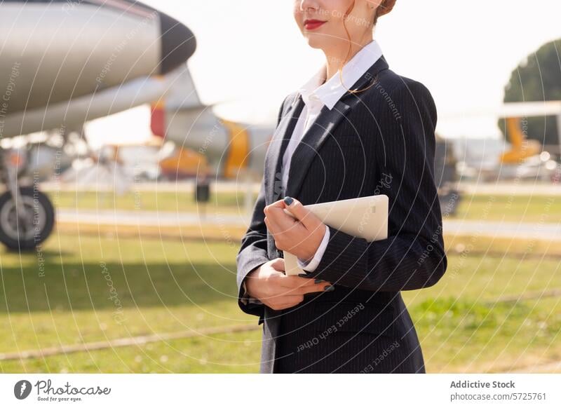 Anonyme Stewardess in einem maßgeschneiderten Anzug hält ein Tablet in der Hand, während sie selbstbewusst auf einem Flugplatz steht, mit einem Blick auf ein Flugzeug im Hintergrund
