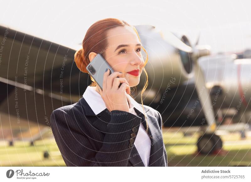 Eine souveräne Stewardess wird in einem Moment der Kommunikation eingefangen, als sie mit ihrem Smartphone telefoniert, während im Hintergrund ein altes Flugzeug zu sehen ist.