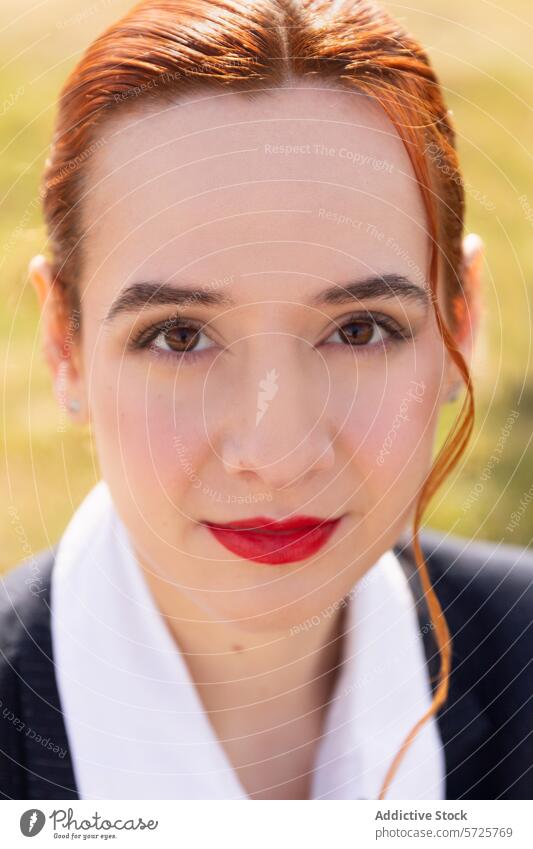 Ein detailliertes Porträt einer Stewardess, das ihr professionelles Make-up und ihren selbstsicheren Ausdruck zeigt und die Eleganz der Luftfahrtindustrie widerspiegelt