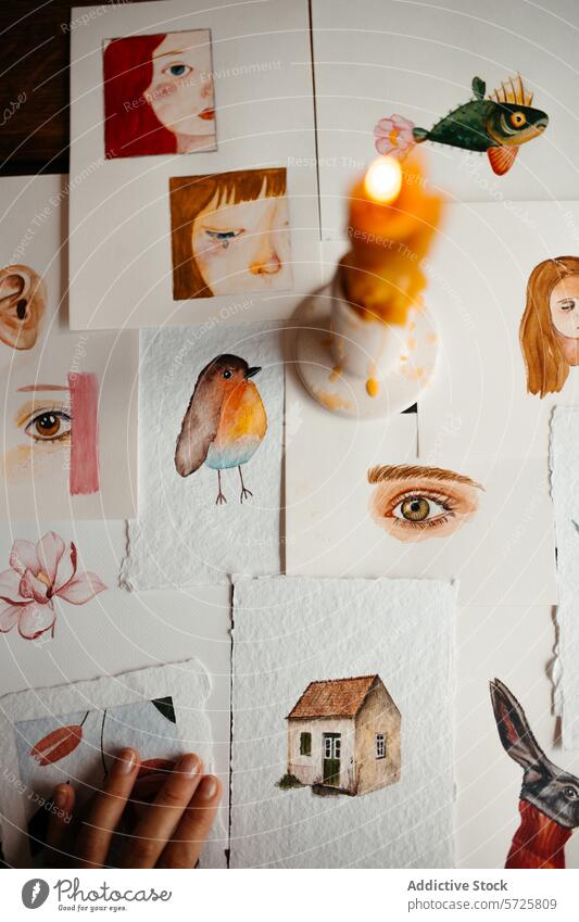 Verschiedene Aquarellbilder mit einer brennenden Kerze ausgestellt Wasserfarbe Malerei Kunst Tisch Anzeige Sortiment vielfältig Probanden beleuchtet Kreativität