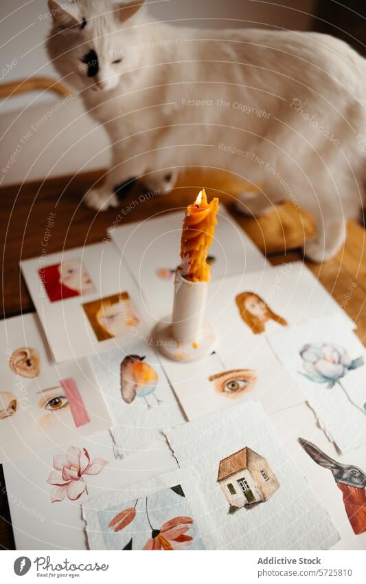 Neugierige Katze inspiziert Kerze zwischen Aquarellbildern Wasserfarbe Malerei Grafik u. Illustration Kunstwerk Tisch weiß Haustier Schmelzen Flamme kreativ