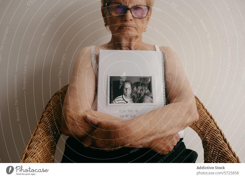Ältere Frau hält Fotoalbum mit Familienbild älter Album Bild Brille Sitzen Umarmen schwarz auf weiß Gedächtnis Nostalgie schätzen Porträt sentimental Zuneigung