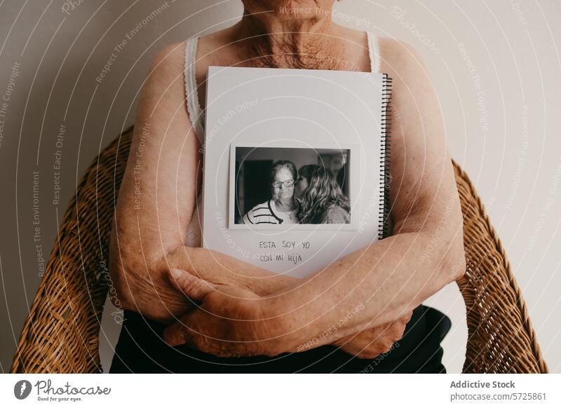 Ältere Arme, die ein Fotoalbum mit geschätzten Erinnerungen umarmen älter Umarmen Geschätzt Gedächtnis geliebter Mensch herzerwärmend sentimental Familie Moment