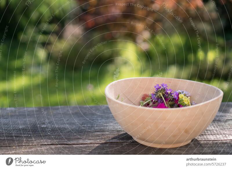 Bunte Blütenblätter von Primeln und Wiesenschaumkraut in einer Schale auf einem Holztisch im Freien im Garten bereit zum Kochen mit Blüten für vegane und vegetarische Gerichte