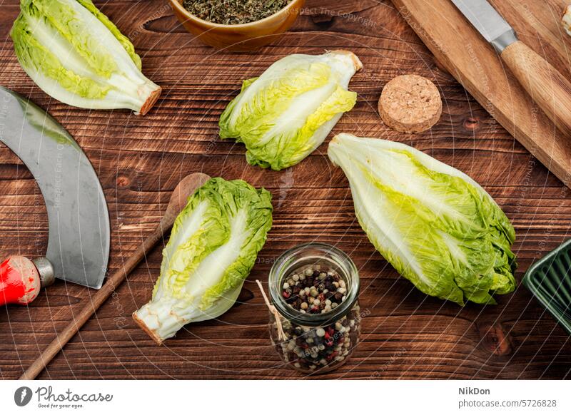 Roher grüner Römischer Salat Salatbeilage Lebensmittel organisch roh Vegetarier Bestandteil Blatt Gemüse Römische Salatherzen Römersalat frisch romaine Pflanze