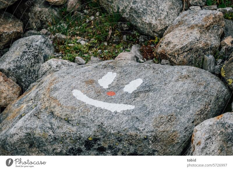 Fröhlicher Fels Felsen Smiley Humor Wegmarkierung Farbfoto Farbe Gute Laune Natur positiv wandern