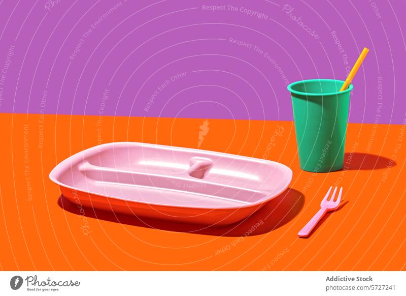 Buntes Plastikgeschirr auf lebhaftem Hintergrund Kunststoff Geschirr Teller Tasse Stroh Gabel farbenfroh rosa grün pulsierend purpur orange Einwegartikel