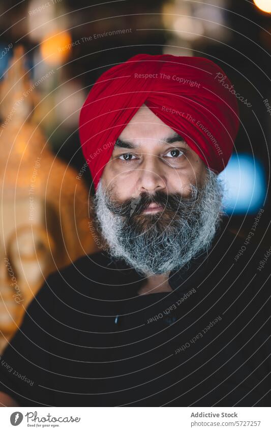 Porträt eines Mannes mit rotem Turban und Bart Vollbart grau ernst Aussehen verschwommen Hintergrund Ambiente kulturell Kleidung traditionell Kopfbedeckung Sikh