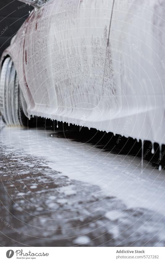 Auto bei einer gründlichen Schaumwäsche in einer Autowaschanlage PKW Waschen schäumen Dienst seifig tropfend Sauberkeit Fahrzeug Flugzeugwartung Hygiene Wasser