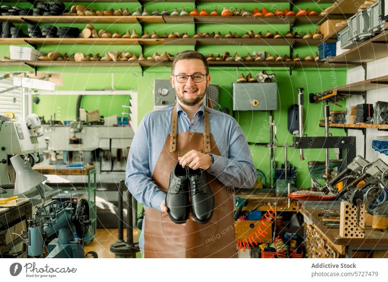 Traditioneller Schuhmacher präsentiert stolz handgefertigte Schuhe Schuster Österreich Werkstatt Kunsthandwerker Leder Schuhleisten heiter Mann Gerät Handwerk