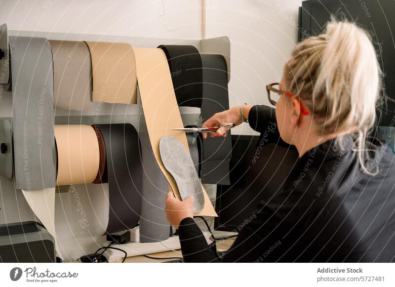 Österreichischer Schuhmacher bei der Auswahl von Ledermaterialien Schuster Basteln Material Hand Schere rollen Werkstatt Arbeit Handwerk handgefertigt