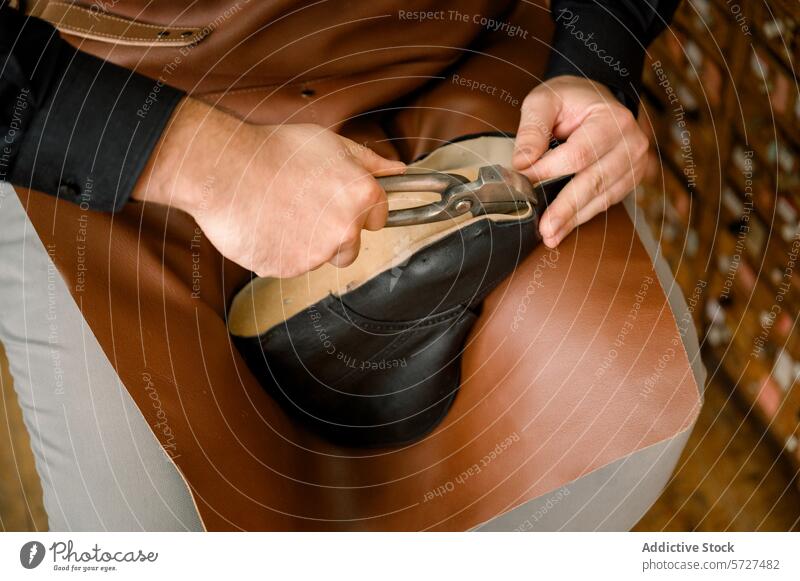 Traditionelle Schuhherstellung durch einen Handwerker in einer Werkstatt Kunstgewerbler Schuster Reparatur Leder Hände Werkzeug Handwerkskunst Fähigkeit Arbeit