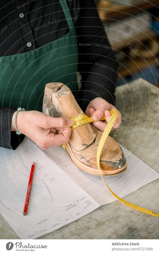 Österreichischer Schuhmacher beim Messen eines Schuhleistens Schuster Messung Maßband Handwerkskunst hölzern Werkstatt Kunstgewerbler Präzision traditionell