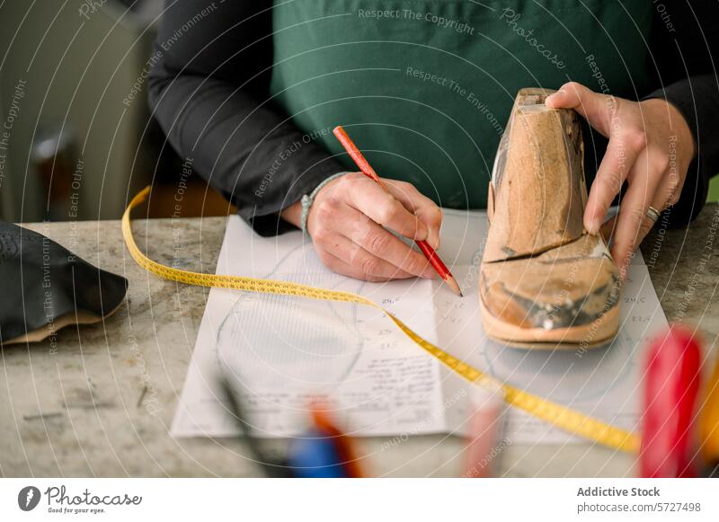 Präzisionshandwerk in der österreichischen Schuhmacherei Schuster Österreich Handwerkskunst letzte Messung Markierung benutzerdefiniert Schuhe Arbeit Hände