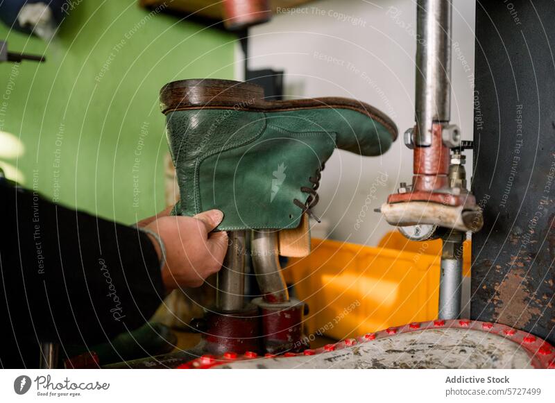 Schuhmacher bei der Herstellung eines Lederstiefels in einer Werkstatt in Österreich Schuster Stiefel Handwerk Hände Werkzeug traditionell Technik Arbeit