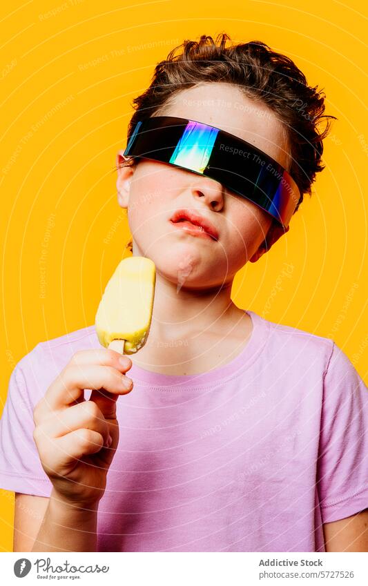 Kind mit futuristischer Sonnenbrille genießt Eiscreme Junge Speiseeis Sommer cool Schwingung Geschmack warmer Hintergrund stylisch überdimensioniert