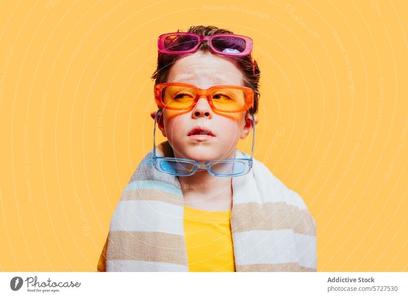 Schrulliges Kind mit mehreren bunten Sonnenbrillen schrullig farbenfroh gelber Hintergrund posierend verwirrt Ausdruck lustig spielerisch Humor Mode Brille hell