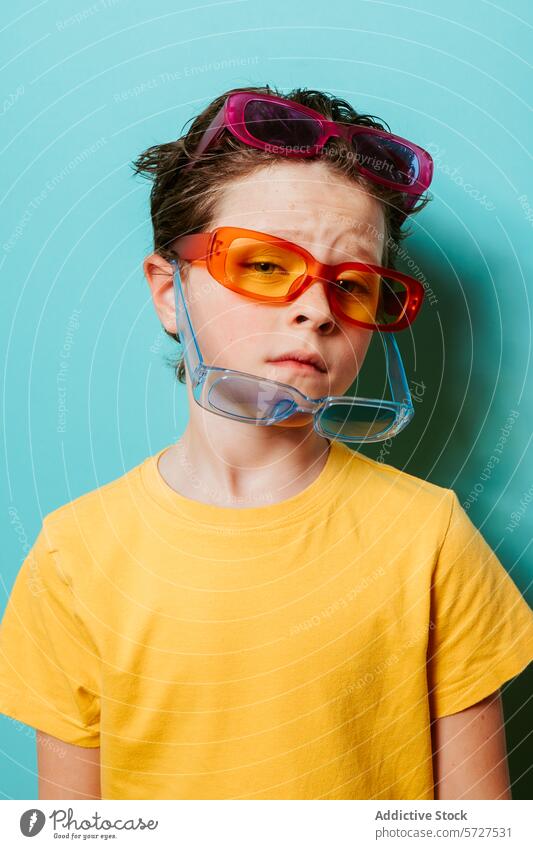 Schrulliges Kind mit mehreren bunten Sonnenbrillen Junge Brille farbenfroh skurril Porträt mehrschichtig Mode Ausdruck spielerisch schrullig Stapel pulsierend
