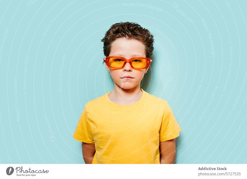 Stilvoller Junge mit orangefarbener Sonnenbrille vor blauem Hintergrund Porträt gelb T-Shirt selbstbewusst Kind Jugend Mode stylisch cool lässig modern trendy