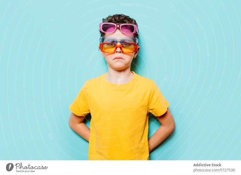 Junge mit mehreren Sonnenbrillen vor blauem Hintergrund spielerisch gelb Hemd selbstbewusst Kind Mode Accessoire Schichtung farbenfroh Ausdruck Gesicht