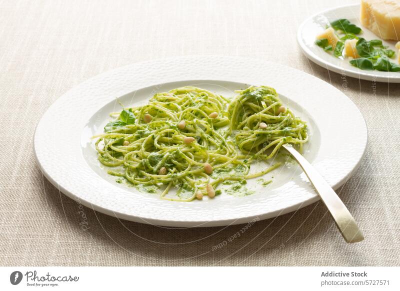 Frische Spaghetti mit hausgemachtem Pesto und Pinienkernen Spätzle Parmesan Käse Teller Gabel Basilikum grün Italienisch Speise selbstgemacht Mahlzeit