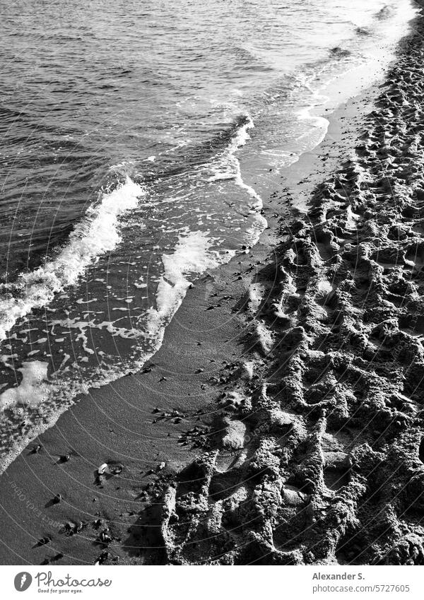 Strand mit Wellen und Fußspuren Ufer Wasser Meer Küste Sand Sandstrand Ferien & Urlaub & Reisen Erholung Sommer Sommerurlaub Tourismus Ostsee Ostseestrand