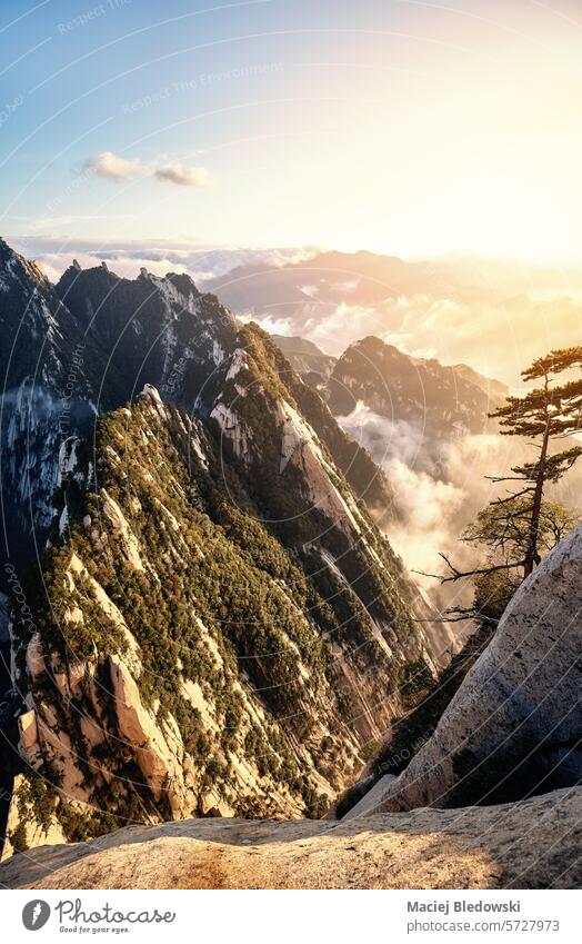 Blick auf die Berglandschaft des Huashan-Nationalparks bei Sonnenuntergang, China. Natur Asien Berge u. Gebirge Himmel reisen Schlucht Park Landschaft schön