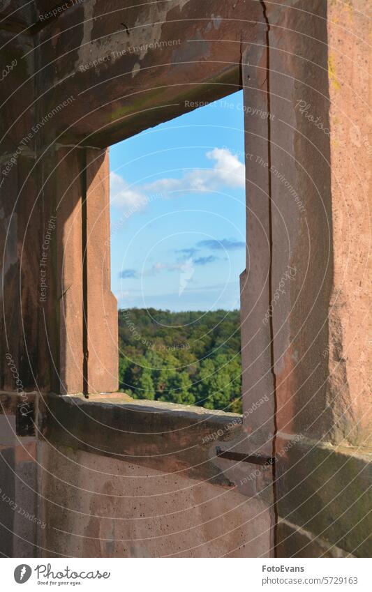 Blick durch ein altes Schlossfenster auf einen Himmel und eine grüne Landschaft weiß Burg oder Schloss Textfreiraum Gebäude Fenster blau Natur Tag Architektur