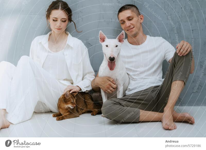 Junges Paar Mann und Frau in einem hellen Raum spielen mit Haustieren weiß Hund sanft Wolle Licht Baustein Wand Eckstoß grau Fliesen u. Kacheln Leitwerke Freund